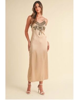 Blush Pink Midi Slip Dress with Black Embroidered Bow Accent